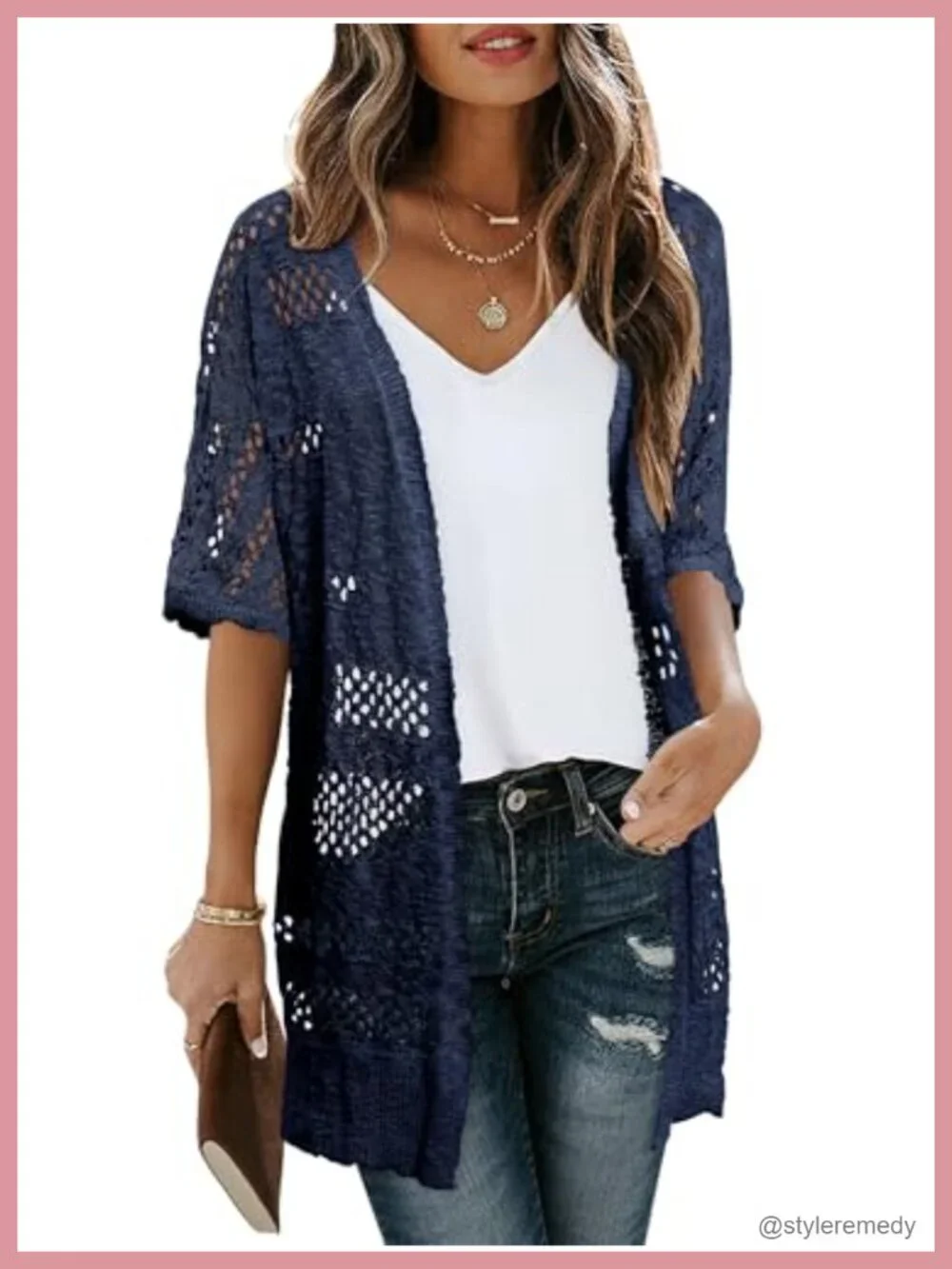 Lightweight Crochet Knit Cardigan Short Sleeve Open Front